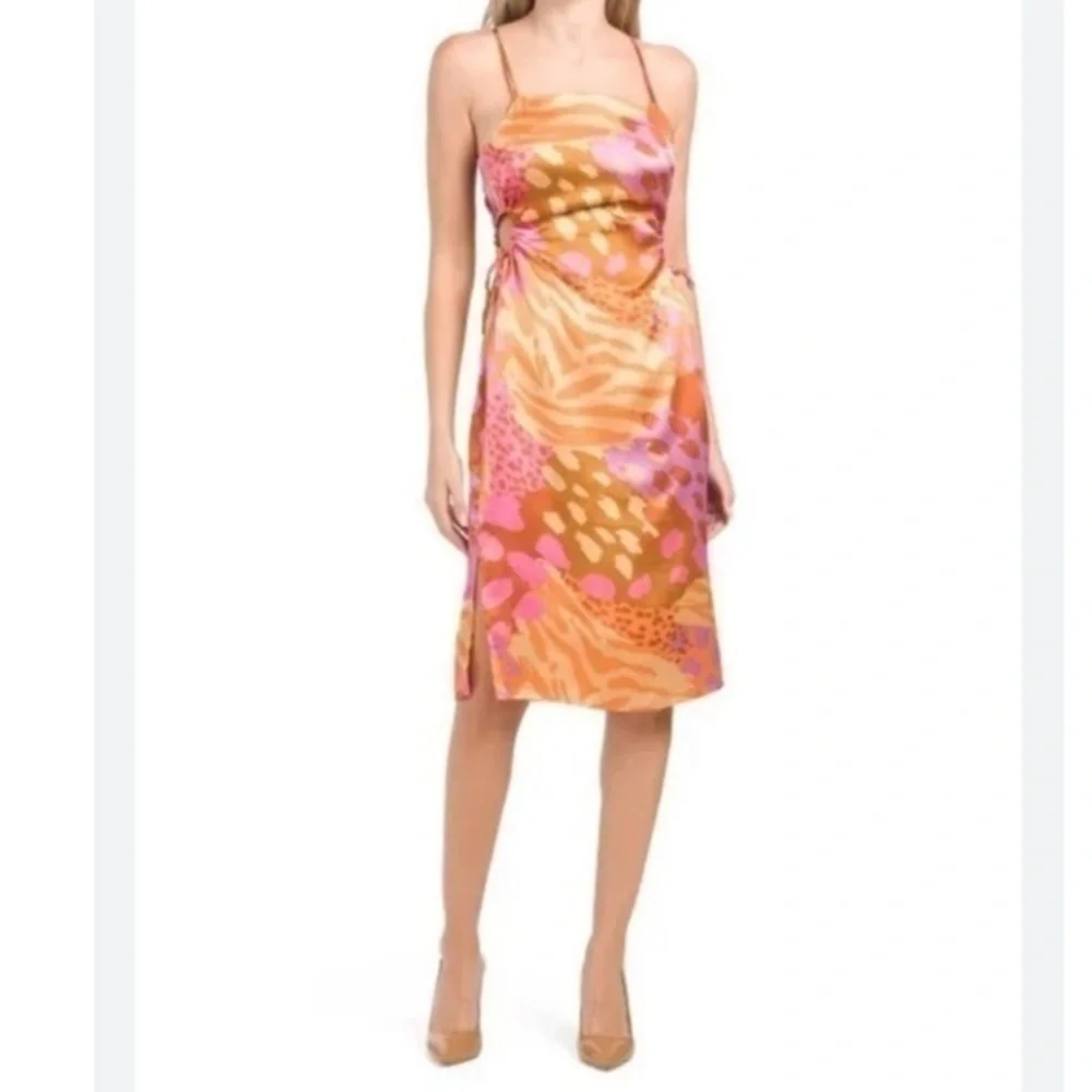 ✅ Christian Lacroix Dress Keyhole Midi Satin in Pink Orange